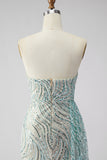 Sparkly Blue Mermaid Strapless Sequined Long Prom Dress with Slit