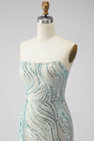 Sparkly Blue Mermaid Strapless Sequined Long Prom Dress with Slit