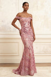 Sparkly Sequined Pink Mermaid Off the Shoulder Long Prom Dress