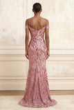 Sparkly Sequined Pink Mermaid Off the Shoulder Long Prom Dress