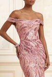 Sparkly Sequined Pink Mermaid Off the Shoulder Long Prom Dress