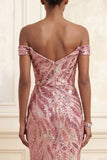 Sparkly Sequined Pink Mermaid Off the Shoulder Long Prom Dress