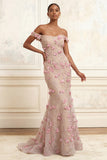Pink Mermaid Off the Shoulder Long Prom Dress with Applique