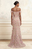 Pink Mermaid Off the Shoulder Long Prom Dress with Applique