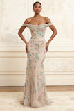 Sparkly Champagne Mermaid Off the Shoulder Long Prom Dress with Sequins