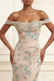 Sparkly Champagne Mermaid Off the Shoulder Long Prom Dress with Sequins
