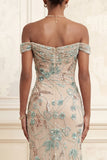 Sparkly Champagne Mermaid Off the Shoulder Long Prom Dress with Sequins