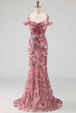 Sparkly Pink Mermaid Cold Shoulder Neck Scarf Long Prom Dress with Sequins