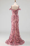Sparkly Pink Mermaid Cold Shoulder Neck Scarf Long Prom Dress with Sequins