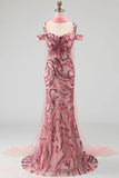 Sparkly Pink Mermaid Cold Shoulder Neck Scarf Long Prom Dress with Sequins