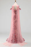 Sparkly Pink Mermaid Cold Shoulder Neck Scarf Long Prom Dress with Sequins