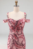 Sparkly Pink Mermaid Cold Shoulder Neck Scarf Long Prom Dress with Sequins
