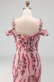 Sparkly Pink Mermaid Cold Shoulder Neck Scarf Long Prom Dress with Sequins