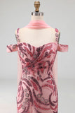 Sparkly Pink Mermaid Cold Shoulder Neck Scarf Long Prom Dress with Sequins
