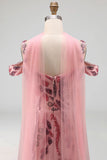 Sparkly Pink Mermaid Cold Shoulder Neck Scarf Long Prom Dress with Sequins