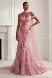 Sparkly Pink Mermaid Cold Shoulder Neck Scarf Long Prom Dress with Sequins