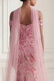 Sparkly Pink Mermaid Cold Shoulder Neck Scarf Long Prom Dress with Sequins