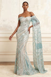 Sparkly Blue Mermaid Off the Shoulder Long Prom Dress with Sequins