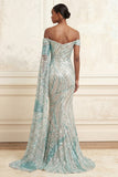 Sparkly Blue Mermaid Off the Shoulder Long Prom Dress with Sequins