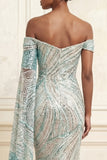 Sparkly Blue Mermaid Off the Shoulder Long Prom Dress with Sequins