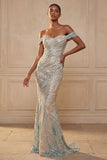 Sparkly Blue Mermaid Sequined Off the Shoulder Long Prom Dress