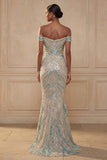 Sparkly Blue Mermaid Sequined Off the Shoulder Long Prom Dress