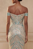 Sparkly Blue Mermaid Sequined Off the Shoulder Long Prom Dress