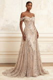 Sparkly Champagne A Line Sequined Off the Shoulder Long Prom Dress