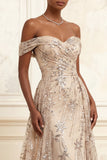 Sparkly Champagne A Line Sequined Off the Shoulder Long Prom Dress