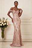 Sparkly Blush Mermaid Sequined Long Off the Shoulder Prom Dress