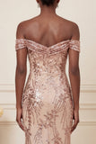 Sparkly Blush Mermaid Sequined Long Off the Shoulder Prom Dress