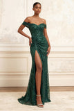 Sparkly Dark Green Mermaid Sequined Long Prom Dress with Slit