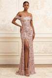 Sparkly Blush Mermaid Sequined Long Ruched Prom Dress with Slit