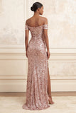 Sparkly Blush Mermaid Sequined Long Ruched Prom Dress with Slit