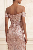 Sparkly Blush Mermaid Sequined Long Ruched Prom Dress with Slit