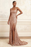 Sparkly Blush Mermaid Halter Sequined Long Prom Dress with Slit
