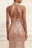 Sparkly Blush Mermaid Halter Sequined Long Prom Dress with Slit