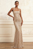 Beaded Sparkly Champagne Mermaid Halter Neck Long Prom Dress