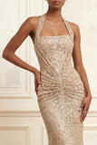 Beaded Sparkly Champagne Mermaid Halter Neck Long Prom Dress