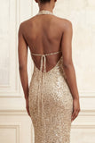 Beaded Sparkly Champagne Mermaid Halter Neck Long Prom Dress