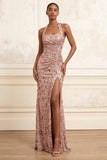Blush Ruched Sparkly Halter Neck Long Prom Dress with Slit