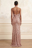 Blush Ruched Sparkly Halter Neck Long Prom Dress with Slit