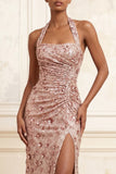 Blush Ruched Sparkly Halter Neck Long Prom Dress with Slit