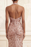 Blush Ruched Sparkly Halter Neck Long Prom Dress with Slit