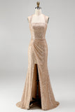 Sequined Sparkly Mermaid Ruched Champagne Long Prom Dress with Slit