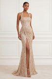 Sequined Sparkly Mermaid Ruched Champagne Long Prom Dress with Slit