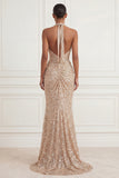 Sequined Sparkly Mermaid Ruched Champagne Long Prom Dress with Slit