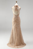 Sequined Sparkly Mermaid Ruched Champagne Long Prom Dress with Slit