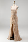 Sequined Sparkly Mermaid Ruched Champagne Long Prom Dress with Slit