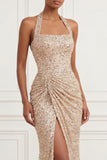 Sequined Sparkly Mermaid Ruched Champagne Long Prom Dress with Slit